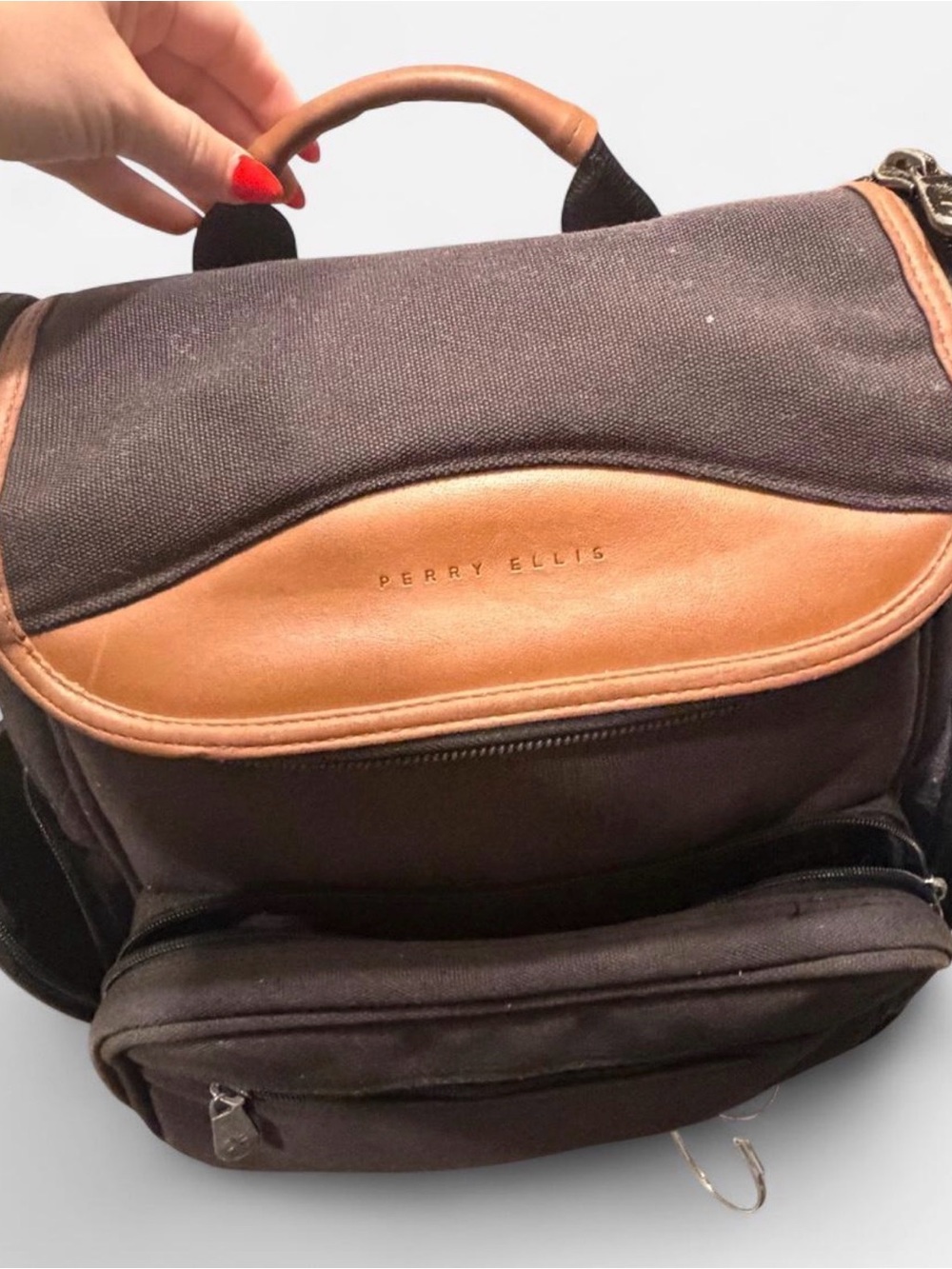 Perry Ellis Black Canvas Backpack with Tan Leather Trim
